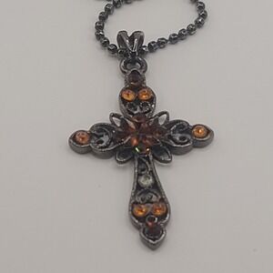 Gunmetal Black Bed Amber Stones Christian Cross Pendant Necklace 14" Chain